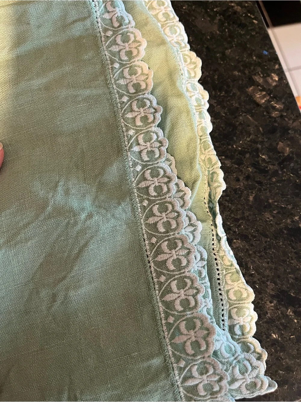 Vintage Sage Green tablecloth with Lace Trim